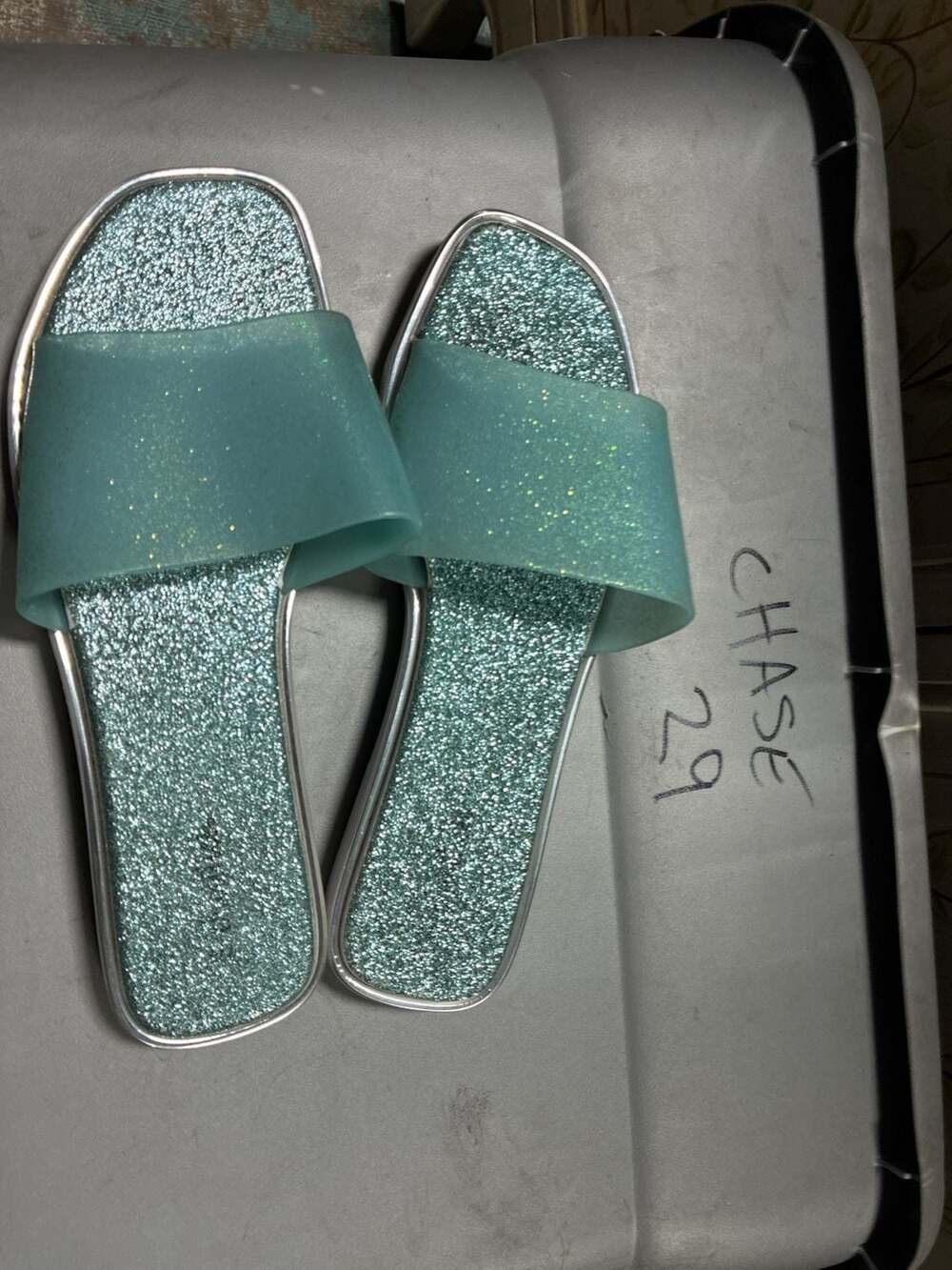 Chatties Mint Green Glitter Jelly Upper Flat Slide Sandals